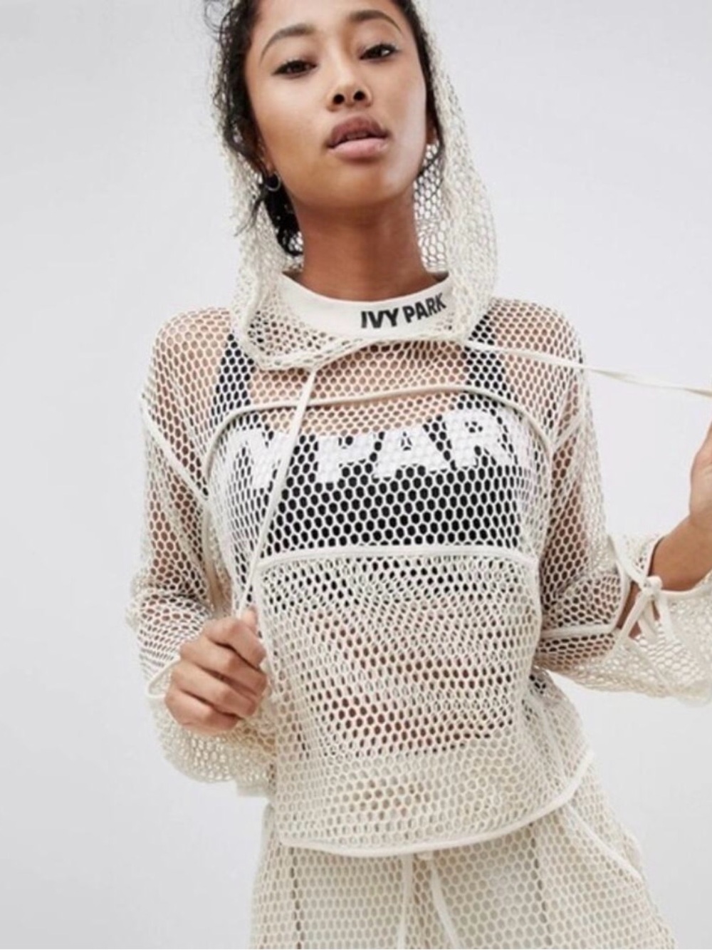 IVY PARK Cream Open-Weave Mesh Hoodie size L